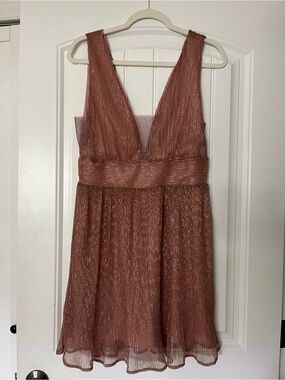 The Latest Scoop, Plunging V-Neck Mini Dress in Rose Gold Metallic